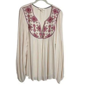 Nurture by Westbound Gauze Blouse 1X Ivory Pink Embroidered Cottagecore Boho NEW